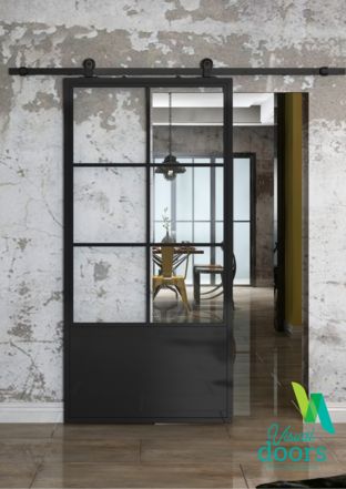 Steel And Glass Pantry Door, Industrial Style Sliding Door, Industrial Doors Sliding, Industrial Sliding Doors Internal, Industrial Door Design Entrance, Sliding Steel Doors, Industrial Glass Door, Industrial Doors Interior, Industrial Door Design