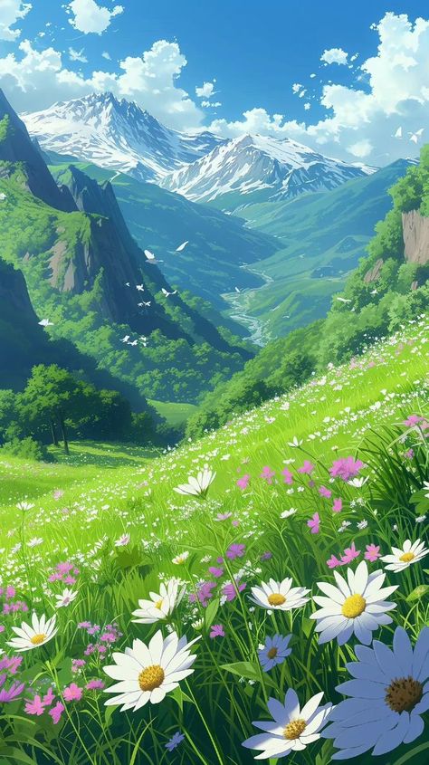 Studio Ghibli Background For Laptop, Ghibli Wallpaper Scenery, Dreamy Landscapes Painting, Fantasy Illustration Art Scenery, Painting Ideas Scenery Beautiful, Anime Aesthetic Background Landscape, Dreamy Artwork Wallpaper Aesthetic, Ghibli Nature Wallpaper, Landscape Orientation Wallpaper