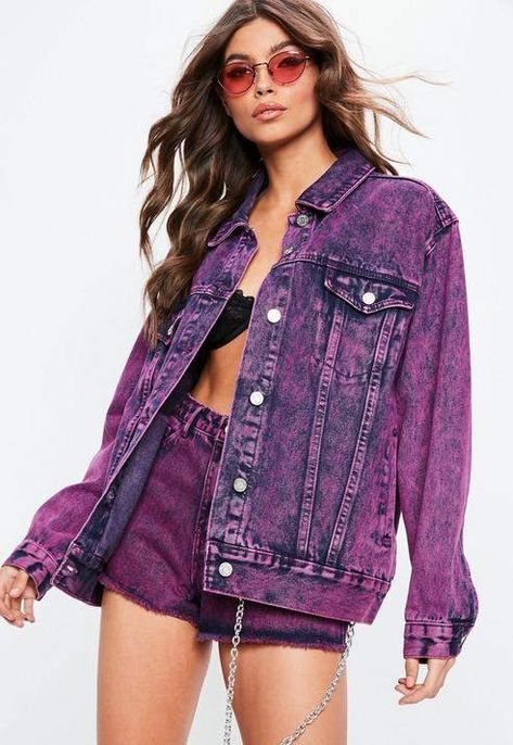 Purple Oversized Washed Denim Jacket Poncho Outfit, Purple Denim, Denim Street Style, Denim Jean Dress, Jean Jacket Outfits, Denim Jacket Outfit, Denim Fashion Women, Purple Jeans, Denim Shirts