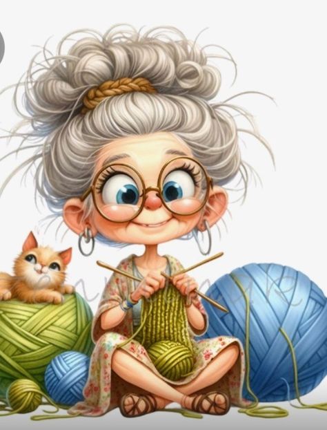 Lady Art Drawing, Crochet Drawing Illustration, Grandma Drawing Character Design, Cute Grandma Drawing, Grandma Drawing, Crochet Illustration, Crochet Clipart, Knitting Cartoon, Shopping Cartoon