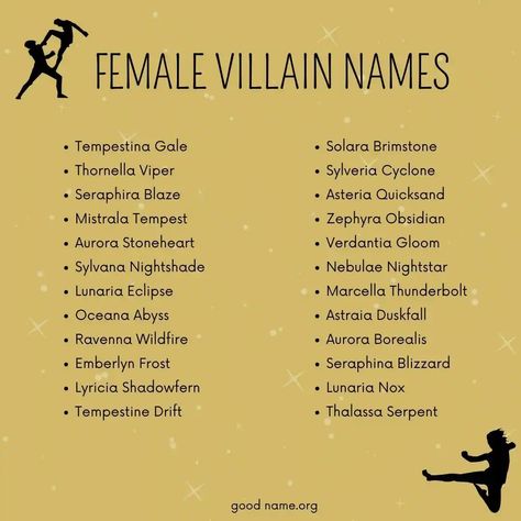 In the realm of storytelling, the antagonist often stands as a pillar opposite the protagonist. Their name, demeanor, and actions shape the narrative, adding layers of depth and intrigue. But what’s in a name? For Female Villain Names, especially female ones, their name can be a powerful tool, setting the tone for their character and ... Read more The post Mistresses Of Malevolence: Unique Female Villain Names appeared first on Good Name. Antagonist Name Ideas, Names For Antagonists, Villains Names Ideas, Name For Villain, Teifling Female Names, Female Character Names Dark, Cool Villain Names, Fantasy Realm Names Ideas, Villain Last Names