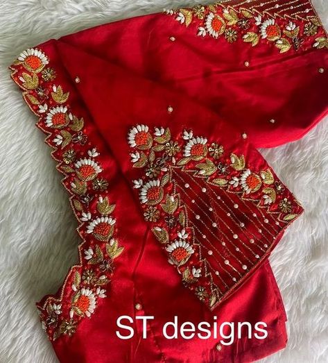 Maggam Work For Lehenga Blouse, Magam Work On Red Blouse, Cross Lines Maggam Work Designs, Bride Blouse Designs India, Red Blouse Embroidery Designs, Red Aari Work Blouse Designs, Red Blouse Work Designs Bridal, Red Blouse Aari Work Designs, Pink Colour Blouse Designs