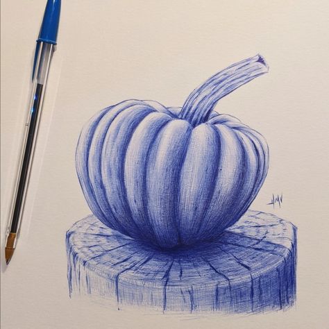 If you want to learn more about drawing in this style I made a video for you! #ballpointpen #ballpoint #bluepen #biro #pumpkin #inktober #trip Pen Drawing Tutorial, Drawing Of A Pumpkin, Pen Drawing Simple, Biro Drawing, Biro Art, Pen Projects, Ballpoint Pen Art, Ink Pen Art, Pen Art Work