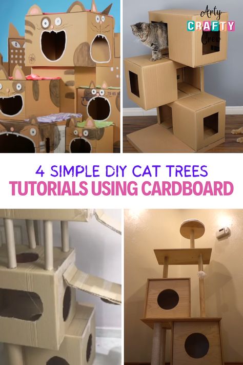 Looking for a budget-friendly way to entertain your cats? Check out these DIY cat tree tutorials using cardboard. Click to view the entire list and pick up your favorite one to make. Projects curated by ArtyCraftyCrew. Diy Cat Tree Cardboard Boxes, Cat Tree Diy Cardboard, How To Make A Cat Tree Homemade, Cardboard Box Cat House Diy Ideas, How To Make A Cat Tree, Cat Cardboard Box Ideas, Diy Cat Tree Homemade, Cardboard Cat Tree, Diy Cat Trees