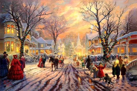 Thomas Kinkade Art, Thomas Kinkade Paintings, Thomas Kincaid, Thomas Kinkade Christmas, Kinkade Paintings, Road Painting, Old Time Christmas, Art Thomas, Christmas Desktop