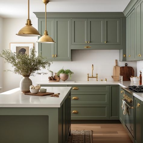 olive green kitchen cabinets with white backsplash and coutners Olive Green Kitchen, Green Kitchen Designs, Green Kitchen Cabinets, Green Cabinets, Gold Kitchen, Design Apartment, Kitchen Farmhouse, Kitchen Cabinet Colors, Kitchen Inspiration Design