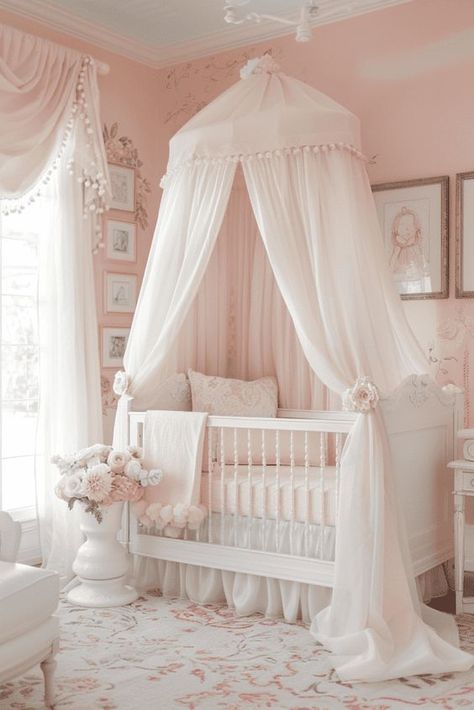 Canopy Over Crib, Pink Nursery Ideas, Whimsical Theme, Wildflower Nursery, Girly Nursery, Luxury Nursery, Newborn Room, Pink Crib, Princess Nursery