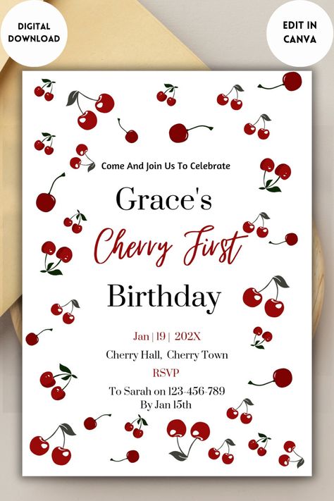 Hosting a party for your little Cherry On The Top? This cherry sweet party Invite is the perfect match for your fruity themed event! Cherry On Top Birthday Party, Cherry Party Theme, Cherry Themed Party, Outdoor Party Themes, Cherry Invitation, Cherry Birthday Party Theme, Cherry Birthday Party, Outdoor Party Favors, Cherry Birthday