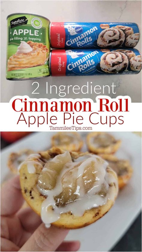 Easy 2 Ingredient Cinnamon Roll Apple Pie Cups are the perfect sweet breakfast treat or dessert! Make these easy dessert cups in minutes! Easy Dessert Cups, Apple Crescent Roll Dessert, Cinnamon Roll Apple Pie Cups, Pillsbury Cinnamon Roll Recipes, Apple Pie Cups, Cinnamon Roll Desserts, Crescent Roll Dessert, Pie Cups, Cinnamon Roll Apple Pie