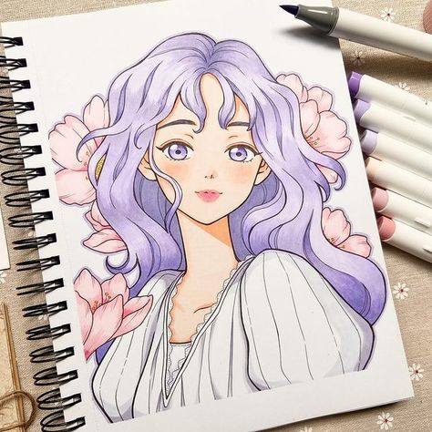 I’m looking to improve my marker drawing skills and this is the first one. Purple will be the main color tone and Ohuhu’s marker with its… | Instagram Sketch Ideas With Color, Drawing Markers Ideas Easy, Maker Drawing Ideas, Drawing With Markers Ideas Doodles, Arts With Markers, Drawing Story Ideas, Color Sketches Drawing, Drawing By Marker, Cute Princess Drawing