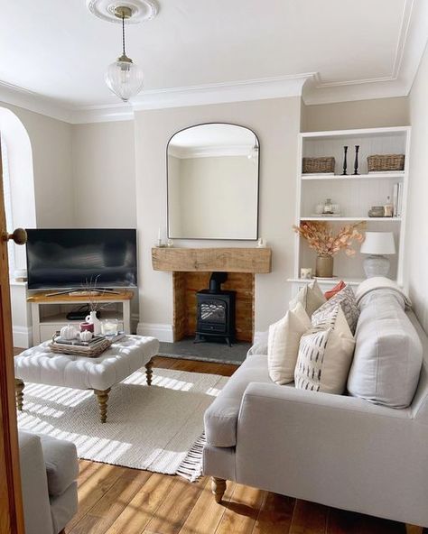 Cotswolds Living Room, 1930s House Interior Living Rooms, Lounge 2023, Snug Design, Mantel Beam, Alcove Ideas Living Room, Log Burner Living Room, Lounge Room Styling, Oak Mantel