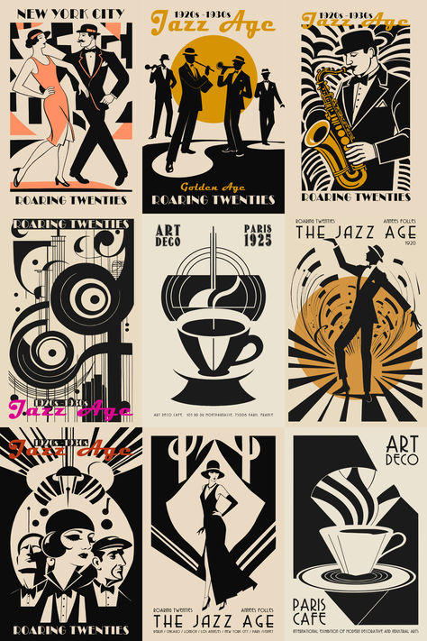 Jazz Age Decor, Vintage Wall Art, Retro Vibes, Timeless Design, Art Deco Style, Swing Era Art, Roaring Twenties, Jazzy Interiors, Musical Elegance, Gatsby Inspired, Retro Home, Classic Chic, Vintage Ambiance, Jazz Lovers, Time Travel In Style, Artistic Nostalgia, Era of Elegance, Harmony In Design, Music In Art, Sophisticated Spaces Jazz Art Deco Poster, Art Deco Silhouette, 1920s Poster Design, Jazz Symbols, Art Deco Style Poster, Jazz Inspired Art, Jazz Revival Aesthetic, Roaring 20s Graphic Design, Art Deco Vibes