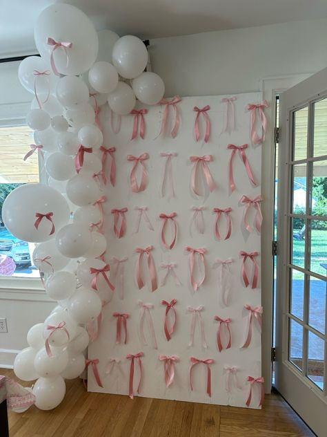 Bow wall, tea party, baby shower Diy White Party Decorations, Bow Baby Shower Backdrop, Big Bow Backdrop, Bows Birthday Theme, Sorority Rush House Decorations, Little Lady Baby Shower Ideas, Ribbons And Bows Baby Shower Theme, Simple Pink Baby Shower Ideas, Pj Baby Shower Theme