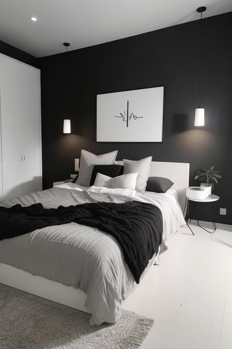 Bed Rooms Ideas Dark, One Wall Black Bedroom, Minimalist Black Aesthetic, Black Walled Bedroom, Bedroom Black Aesthetic, Black White Room Aesthetic, Edgy Bedding, Simple Apartment Bedroom, Black Minimalist Room