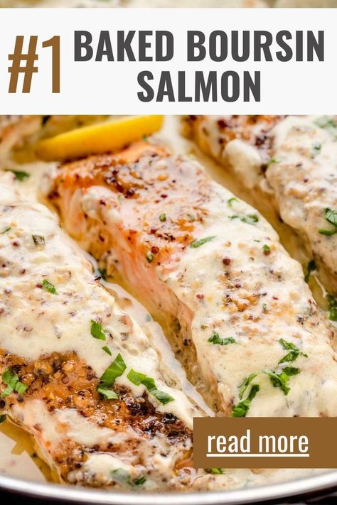 Delicious salmon baked with creamy Boursin cheese. A quick and tasty dinner idea! Salmon With Boursin Cheese, Boursin Salmon Recipes, Boursin Salmon, Healthy Fish Dinner Recipes, Salmon Recepies, Dinner Recipes Baked, Baked Boursin, Salmon Recipes Baked, Baked Seafood