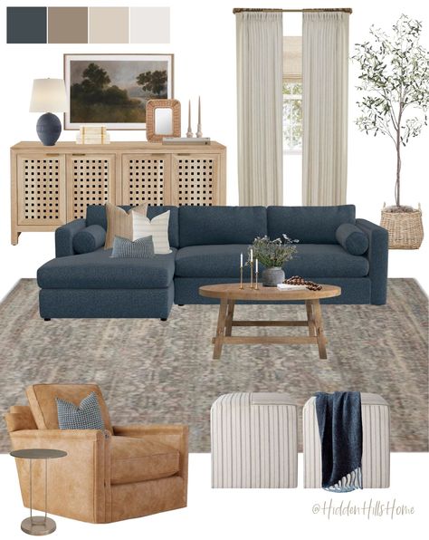 Living Room Design With Blue Couch, White Living Room Blue Couch, Family Room Navy Couch, Navy Grey Living Room Ideas, Blue Living Room Couch Ideas, Living Room Inspo Navy Couch, Airy Organic Modern Living Room, Apartment Decor Mood Board, Couch And Chairs Living Room