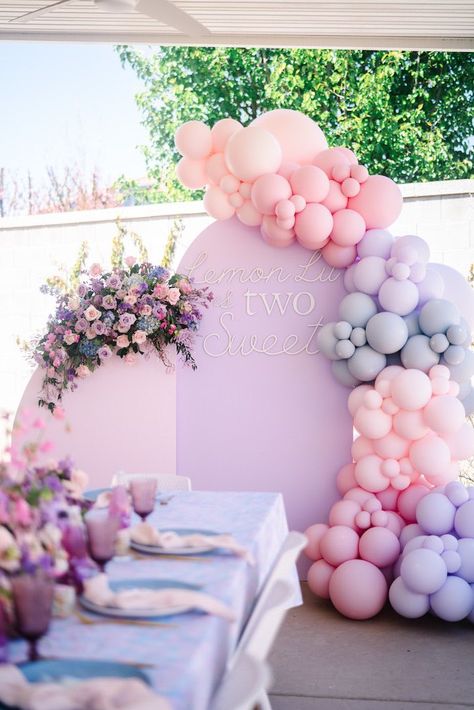 Pink Blue Purple Balloon Garland, Pink Pastel Balloon Garland, Lilac And Pink Balloon Garland, Blue Pink Balloons, Pink And Purple 1st Birthday Party, Pink Blue Purple Birthday Party, Purple And Pink Balloon Arch, Light Blue And Pink Birthday Party Decorations, Pink And Lilac Balloon Garland