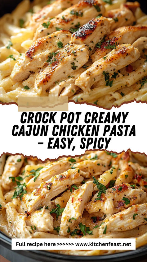 Learn how to make Crock Pot Creamy Cajun Chicken Pasta with this easy recipe! Perfectly creamy, spicy, and delicious for a family dinner or meal prep. Save it now! Crock Pot Cajun Pasta, One Pot Creamy Cajun Chicken Pasta, Crock Pot Cajun Chicken Alfredo, Shredded Chicken Pasta Crockpot, Cajun Alfredo Pasta Crockpot, Easy College Crockpot Meals, Crockpot Cajun Chicken Recipes, Simple Crockpot Pasta Recipes, Western Meals Dinners