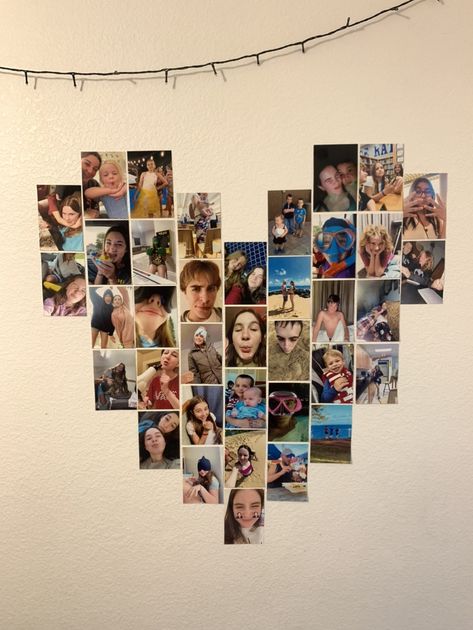 Hart Photo Wall, Heart Out Of Pictures On Wall, 4x6 Wall Collage, Heart Foto Collage, 4x6 Picture Wall Ideas, Love Heart Picture Wall, Heart Wall Pictures, How To Make A Heart With Pictures, Picture Heart Wall Layout