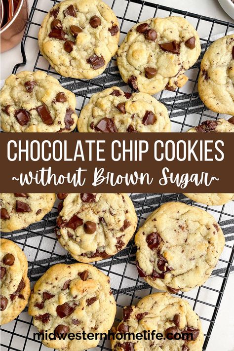 Homemade Chocolate Chip Cookies without Brown Sugar are soft and chewy and loaded with big chunks of chocolate. Delicious cookie recipe you'll love to make even if you aren't out of brown sugar. Chocolate Chip Cookies Recipe No Brown Sugar, Chocolate Chip Cookies Recipe Without Brown Sugar, No Brown Sugar Cookies, No Brown Sugar Chocolate Chip Cookies, Cookie Recipes No Brown Sugar, Chocolate Chip Cookies Without Brown Sugar, Cookies With No Brown Sugar, Chocolate Chip Cookies No Brown Sugar, Cookie Recipes Without Brown Sugar