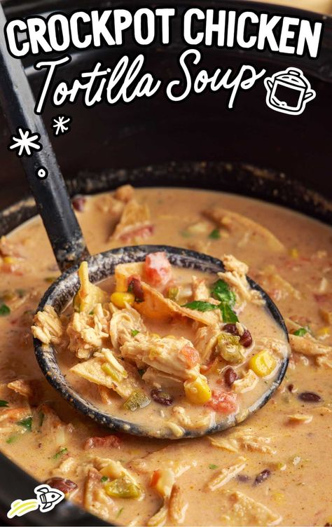 Chicken Tortilla Soup Recipe (Crock Pot) - Spaceships and Laser Beams Fiesta Chicken Soup, Tortilla Soup Recipe Crockpot, Tortilla Soup Crockpot, Tacos Crockpot, Crockpot Chicken Tortilla Soup, Best Chicken Tortilla Soup, Tortilla Soup Easy, Chicken Soup Crockpot, Creamy Crockpot Chicken