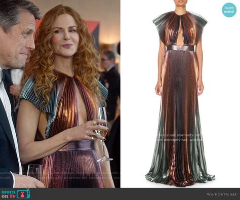 Grace’s pleated metallic dress on The Undoing. Outfit Details: https://wornontv.net/199577/ #TheUndoing The Undoing Nicole Kidman Outfits, Metallic Pleated Dress, Metallic Dress Outfit, Shiny Outfits, The Undoing, Faraz Manan, Tv Clothes, Givenchy Dress, Lame Dress