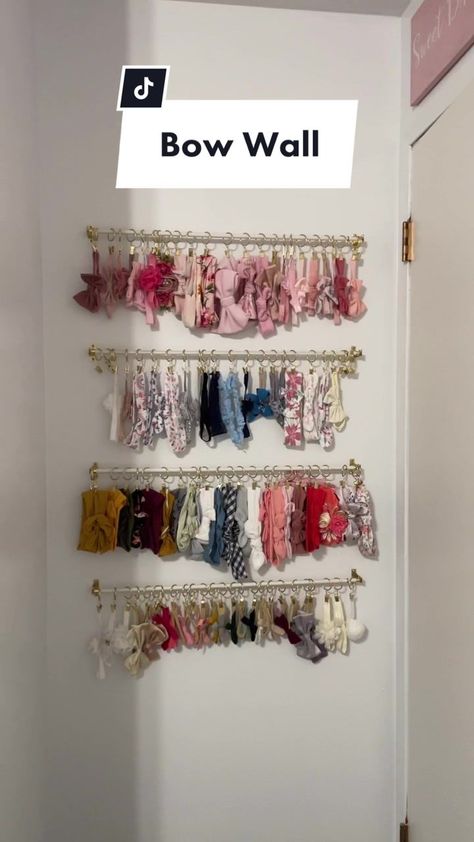 I asked my husband if we could make baby girl a bow wall… and baby girl got her #bowwall I love it 😍 Now I can see all her bows 🎀 #diy Diy Bow Hanger, Bow Hanging Ideas, Hanging Bows In Nursery, Diy Baby Bow Holder, Baby Girl Bow Storage, Bow Organizer Nursery, Baby Girl Bow Organizer, Baby Bow Storage, Bow Hanger Diy