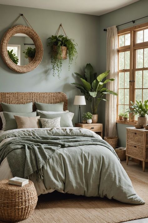 20 designs de chambres éclectiques pour vous inspirer – ToolzView Eclectic Bedroom Design, Earthy Bedroom, Sage Green Bedroom, Boho Style Bedroom, Eclectic Bedroom, Bedroom Refresh, Green Rooms, Styl Boho, Bedroom Green