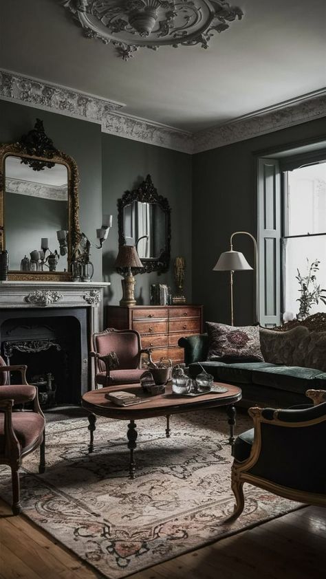 BohoLiving Room Deco Ideas Creating a Cozy Eclectic Space Modern Victorian Aesthetic Home, 1700 House Interior, Victorian Modern Interior, Fireplace Ideas Vintage, Victorian Homes Living Room, Victorian Inspired Decor, Victorian Vintage Aesthetic, Vintage Living Room With Fireplace, Victorian House Aesthetic Interior