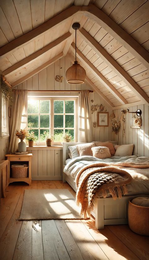 Wood Cottage Interiors, Rustic Attic Bedroom Ideas, Cottage Attic Bedroom, Dutch Bedroom, Tiny Attic Bedroom, Bedroom In The Attic, Cozy Small House, Nest Bedroom, Bedroom With Window