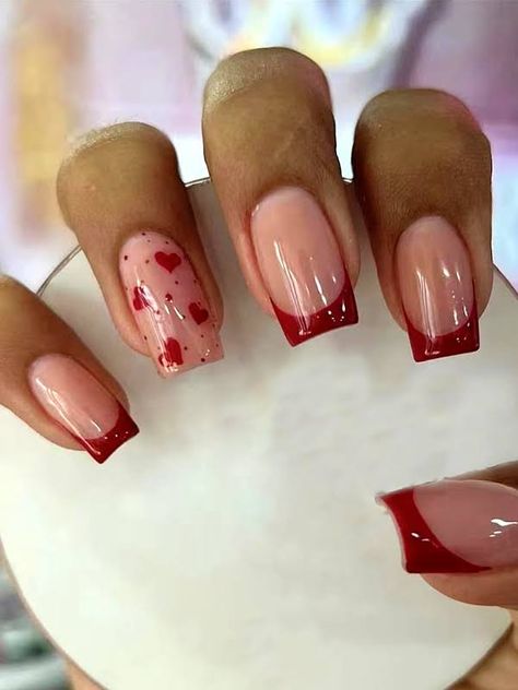 Pink And Red Valentine Nails Acrylic, Simple Square Nail Designs, Subtle Valentines Nails, Biab Designs, Valentines Nails Square, Valentines Day Nails Square, Valentines Nail Set, Red Valentines Day Nails, Yellow Cartoon Characters