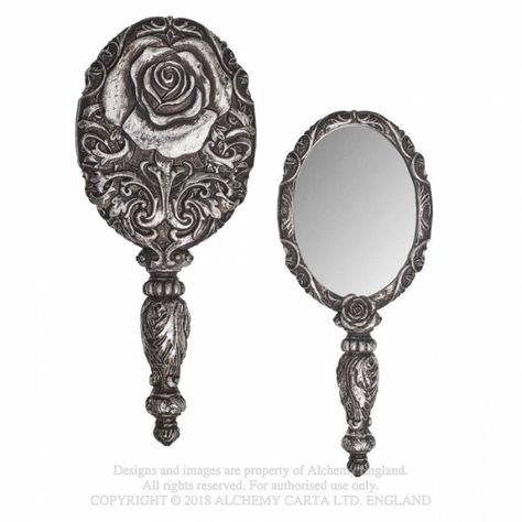 Alechemy England Gothic Hand Mirror Baroque Rose | BOUDOIR NOIR Gothic Baroque, Antique Vanity Set, Gothic Mirror, Bat Jewelry, Vanity Sets, Vintage Ootd, Art Deco Vanity, Spider Jewelry, Sleep Token