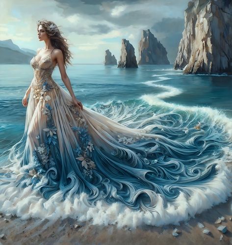 Woman and sea Ocean Goddess Dress, Ocean Dress Design, Water Element Outfit, Ocean Wedding Dress, Ethereal Dress Goddesses, Amphitrite Goddess, Sea Foam Dress, Ocean Dresses, Old Instruments