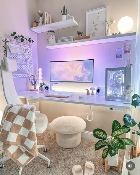 Home Office Walls Ideas, Gaming Room And Office, Gaming And Makeup Desk Setup, Vanity And Gaming Setup, Pastel Pc Setup, Purple Office Aesthetic, Girly Desk Setup, Pc Set Up Aesthetic, Desk Area Aesthetic