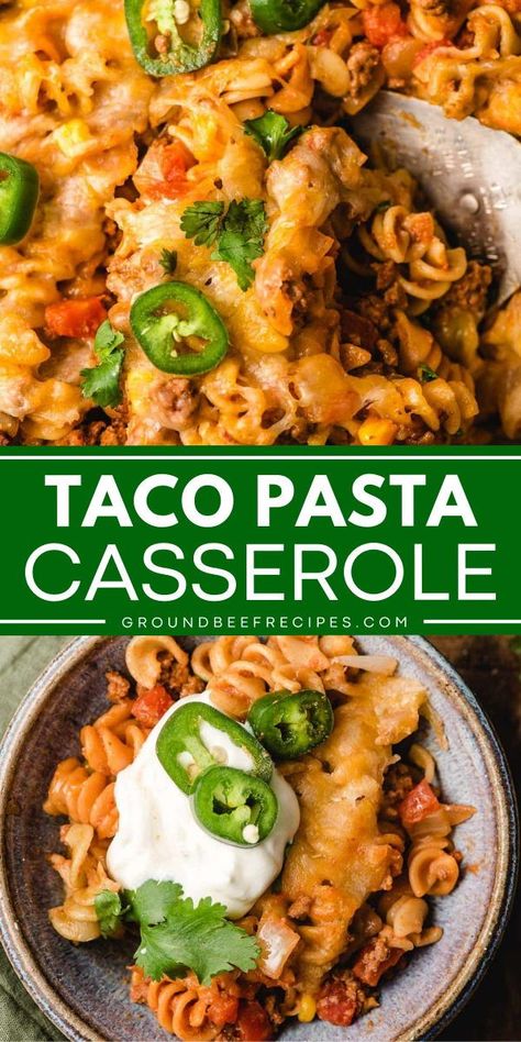 Experience your favorite classic tacos in one comfort food casserole! Hearty and cheesy, this taco pasta bake is an easy comfort food dinner the whole family will love. Save this taco pasta casserole recipe! Taco Pasta Bake Casserole, Classic Tacos, Taco Pasta Casserole, Taco Bake Casserole, Mexican Pasta Bake, Taco Pasta Bake, Comfort Food Casserole, Taco Casserole Bake, Pasta Casseroles