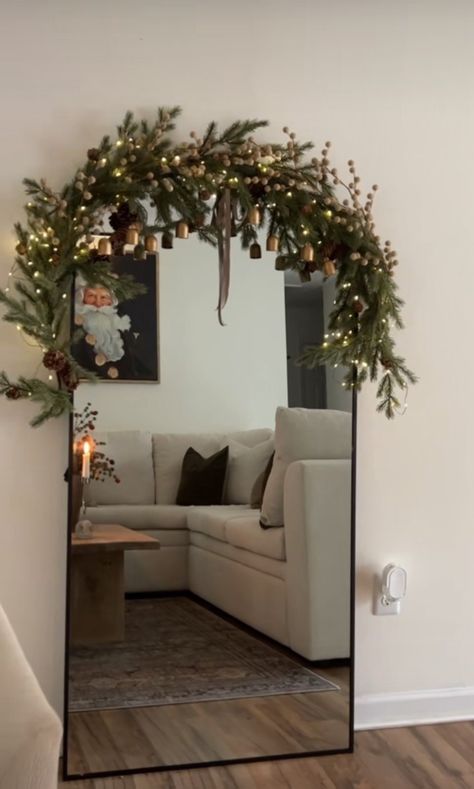 Townhouse Holiday Decor, Christmas Decorations In Apartment, Aesthetic Christmas Home Decor, Christmas Decor Ideas Condo, Apartment Decor For Christmas, Modern Apartment Christmas Decor, Christmas Decorations Apartment Ideas, Mirror With Christmas Decor, Christmas Decor Inspo 2024