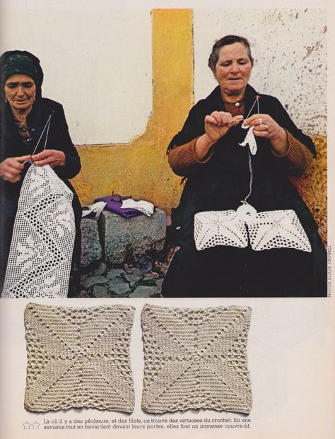 tricoteuses portugaises, crochet. magazine 100 idées, n° 45, juillet 1977 Portuguese Knitting, Le Crochet, Crochet Square, Crochet Motif, Crocheted Item, Crochet Lace, Granny Square, Crochet Stitches, Needlework