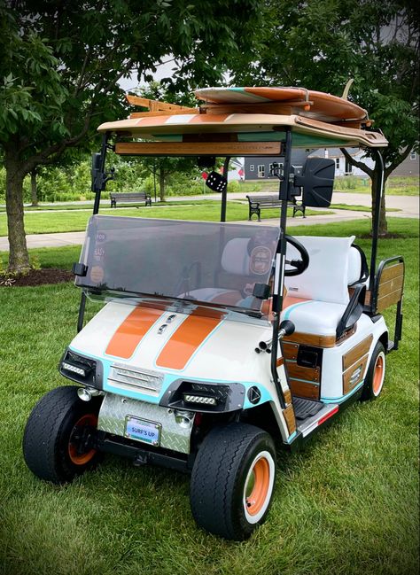 Custom Painted Golf Carts, Golf Cart Remodel, Golf Cart Paint Ideas, Natural Wood Accents, House Community, Ezgo Golf Cart, Custom Golf Carts, Cart Ideas, Beach Cars