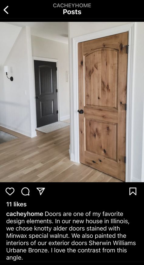 White Doors With Stained Trim, Knotty Alder Wood Interior Doors, White Walls Stained Doors, Knotty Alder Door Stain Colors, Interior Door Wood Stain, Light Stained Interior Doors, Stained Knotty Pine Interior Doors, Stained Poplar Interior Doors, Knotty Pine Interior Doors