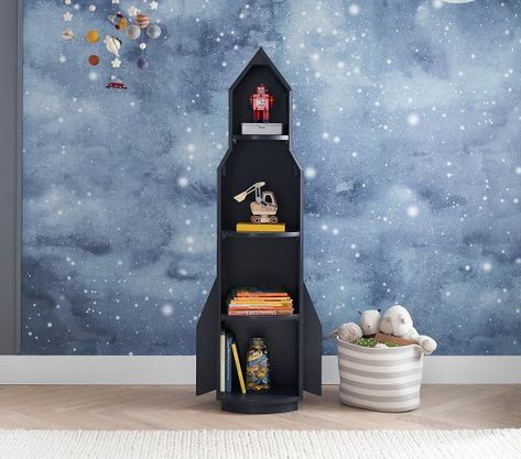 Kids Bookshelves & Bookcases | Pottery Barn Kids Night Sky Mural, Boys Space Room, Pottery Barn Bookcase, Galaxy Nursery, Sky Mural, Space Themed Room, Space Themed Nursery, Wicker Storage, Space Nursery