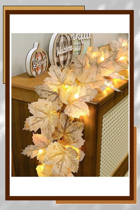 Enlarged Maples Leafed String Lights: The package includes 2 sets of fall maple leafed string lights, total 13 feet/40 LED lights and 40 grey-white maple leafed, with each 6.5 feet/20 LED lights, The maples leafed are specially enlarged to 4 inch. Timer Function: These lighted fall garland come with a timer function that automatically turns on for 6 hours and off for 18 hours every 24 hours. There's an "On/Timer/Off" button on the battery box for ease of use Garland With Lights, Thanksgiving Home Decor, Fall Garden Decor, Outdoor Trees, Fall Garland, Fall Outdoor Decor, Battery Operated Lights, Fall Decorations Porch, Light Garland