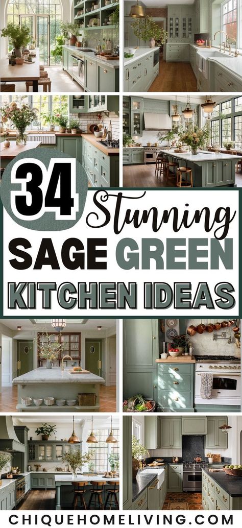 Cozy Kitchen Cottage Green, Green Farmhouse Kitchen Wall Colors, Modern Farmhouse Camper Remodel, Sage Bottom Cabinets White Top, Kitchen With Sage Cabinets, Sage Cupboards Kitchen, Green And Quartz Kitchen, Countertops That Go With Green Cabinets, Sage Green Cabinets With Gold Hardware