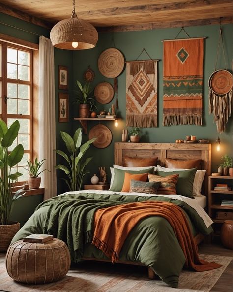 20 Ideal Boho Bedroom Layout Ideas You’ve Gotta Try – ToolzView Bedroom Green Palette, Green Bed Ideas Bedroom, Boho Green Bedroom Color Palettes, Earthy Color Palette Interior Design, Emerald Green And Terracotta Bedroom, Bedroom Ideas With Green Bedding, Cozy Dark Green Bedroom, Dark Earthy Bedroom Bohemian, Boho Bedroom Green Bedding