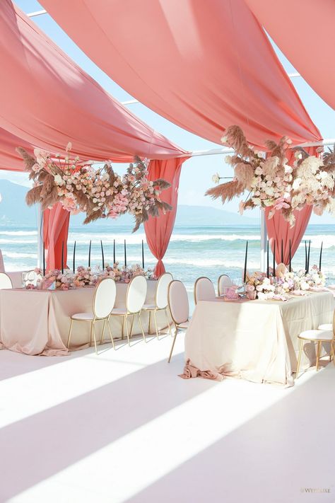 Love On Top ~ WedLuxe Magazine Coral Colour Palette, Beach Wedding Coral, Vietnam Wedding, Wedding Setup, Beach Wedding Reception, Beach Ceremony, Coral Wedding, Beach Wedding Decorations, Wedding Hall