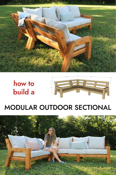 Outdoor Diy Sectional, Porch Sectional Diy, Build Your Own Outdoor Couch, How To Build Patio Furniture, Building Patio Furniture, Easy Diy Patio Furniture On A Budget, Wooden Outside Furniture, Diy Seats Outdoor, Making Outdoor Furniture