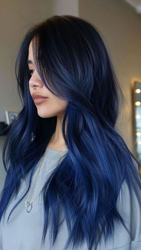 Blue Jeans Hair Color, Black Hair Blue Highlights Long, Cool Tone Fashion Color Hair, Dark Hair With Blue Money Piece, Dark To Light Blue Hair, Blue Jean Hair, Denim Blue Hair Color, Blue Hair Black Roots, Blue Color Hair Ideas