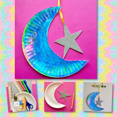 On the occasion of Ramadan, make this fun paper plate moon craft. Ramadan Arts And Crafts For Kids, Islamic Arts And Crafts, Hari Raya Craft For Preschoolers, Raya Craft For Preschool, Ramadan Art For Kids, Eid Art And Craft For Preschool, Hari Raya Art And Craft For Preschool, Ramadan Activities For Toddlers, Ramadan Activities Eyfs