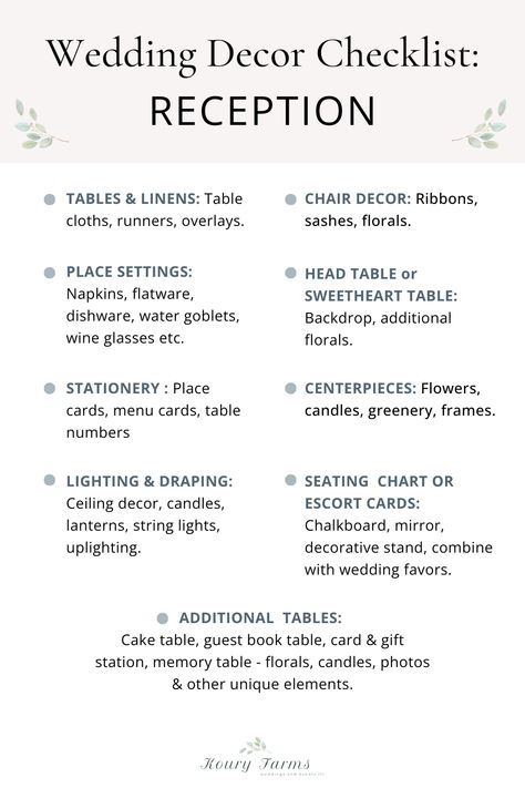 Don't forget a thing with this ultimate wedding reception decor checklist. These list out all the decor items you will need for a wedding reception. Read the full post to learn more and also grab the wedding reception decor checklist too! We are here to make wedding planning as easy as possible so that you have a stress free wedding! Wedding Reception Decor Checklist, Simple Wedding Reception Decorations Table, Reception List For Wedding, Miscellaneous Wedding Things, What Tables Do You Need At A Wedding, Decor List For Wedding, Wedding Decor Essentials, Wedding Reception List, Reception Signs Wedding