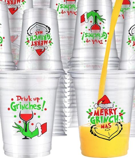 Green Christmas Party, Christmas Party Cups, Drink Up Grinches, Clear Plastic Cups, Halloween Party Table, Grinch Christmas Party, Grinch Party, Christmas Party Supplies, Grinch Christmas