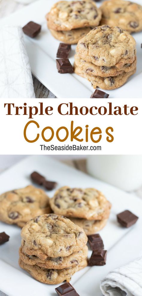 3 Chip Cookies, White Chocolate And Chocolate Cookies, Tripple Choc Chip Cookies, White Chocolate And Milk Chocolate Cookies, Dark And White Chocolate Chip Cookies, Three Chocolate Chip Cookies, Triple Chocolate Chip Cookies Recipes, Best Triple Chocolate Chip Cookies, Chocolate Chip And White Chip Cookies